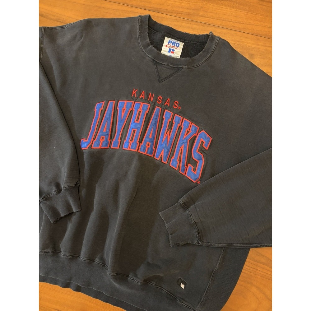 Vintage Kansas Jayhawks Russell Athletic Sweatshirt Sz 2XL Black USA Distressed